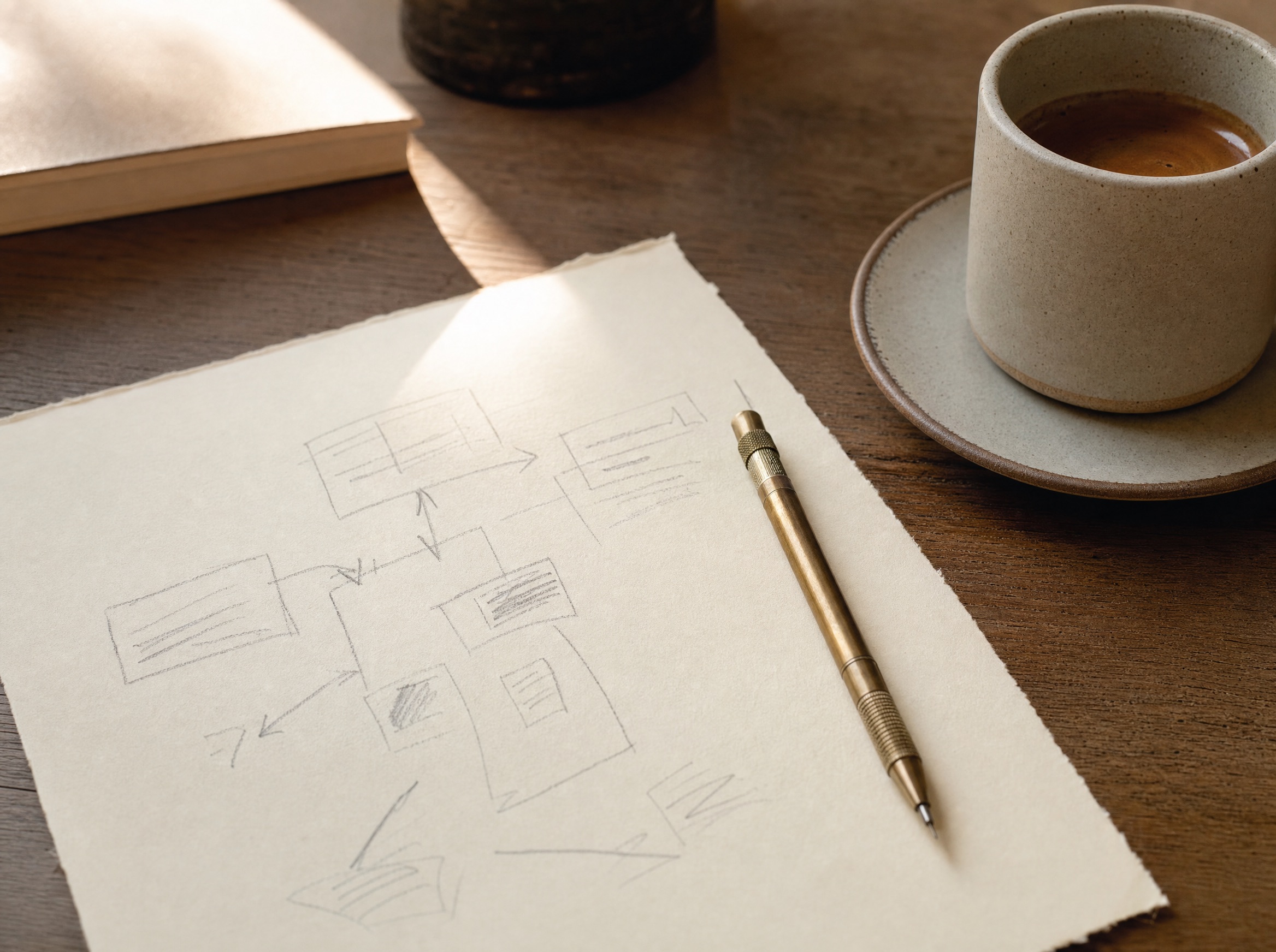 A working sketch on paper under a low lamp